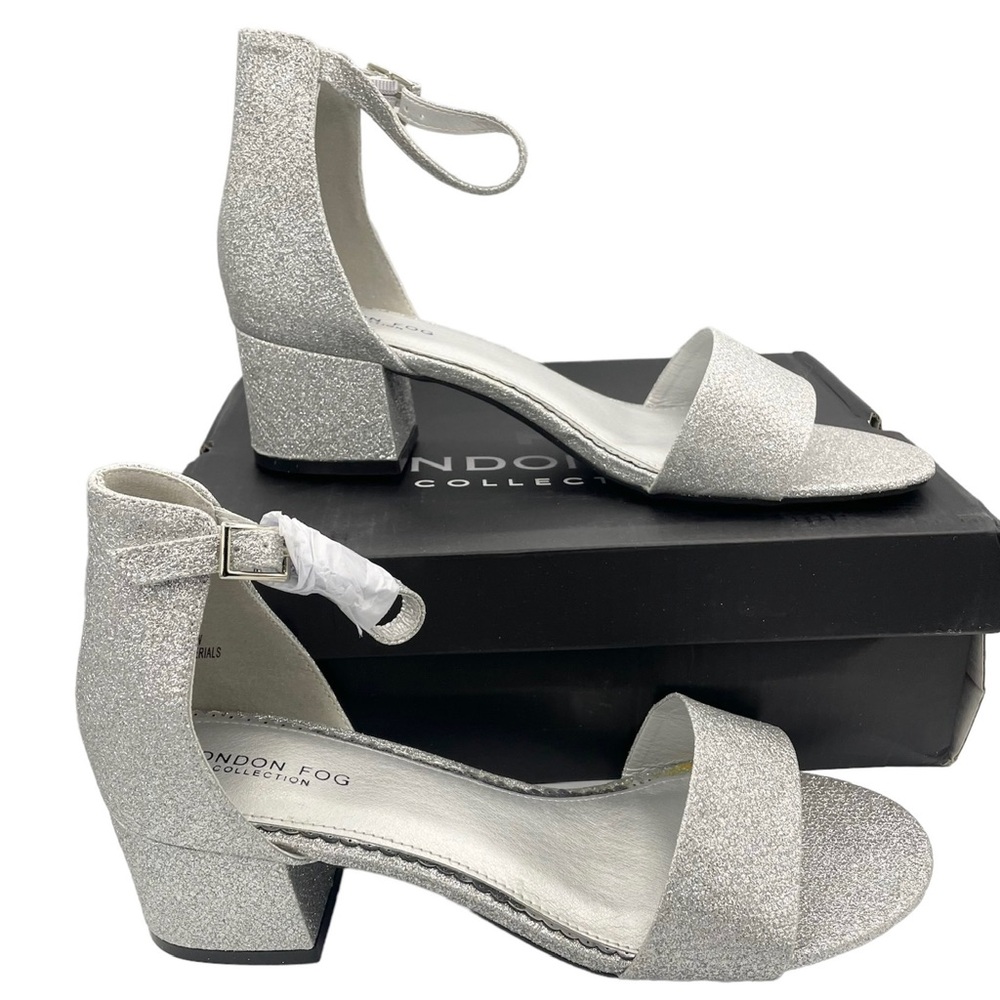 London Fog silver glitter ankle strap block heel sandals women Size 9